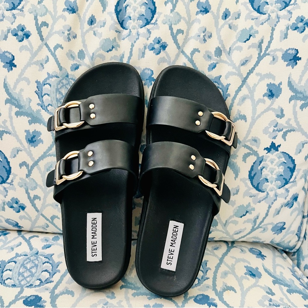 Steve Madden Hanni Black Double Strap Slides, 9.5, NWOB